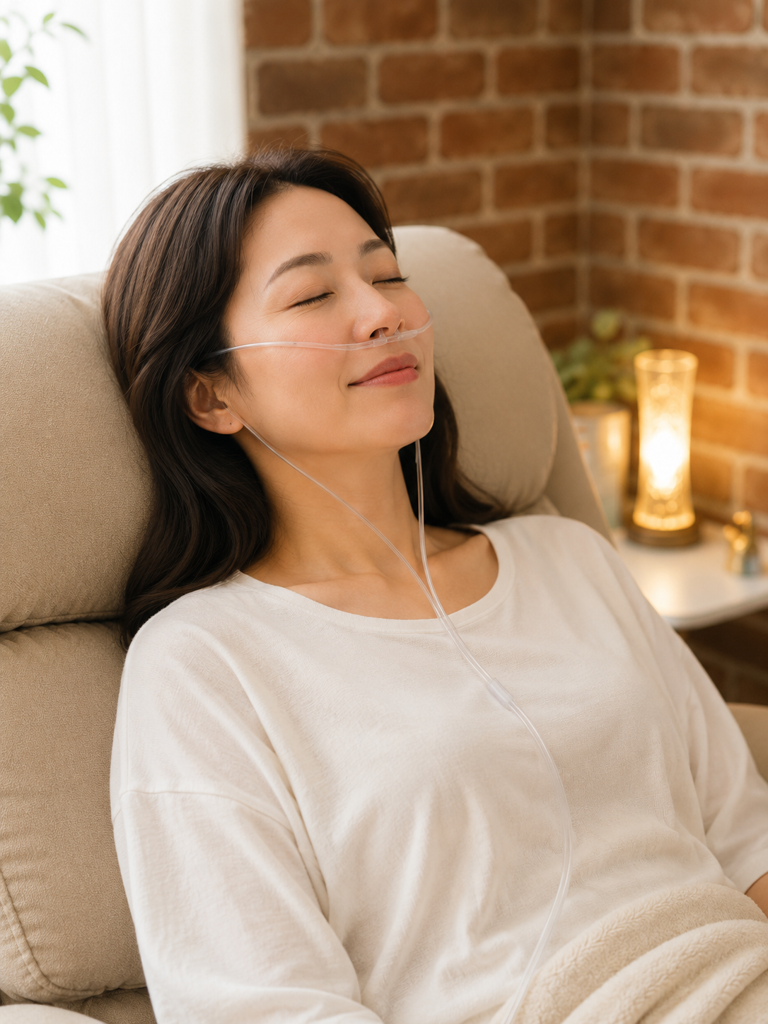 リクライニングチェアで穏やかに水素を吸入している40代〜50代の女性