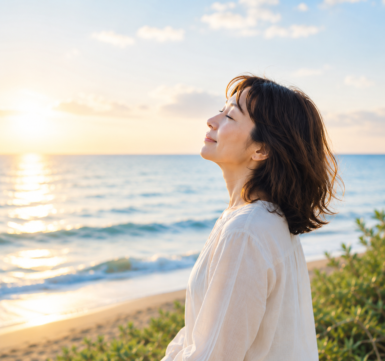 夕暮れの湘南の海を背景に、穏やかな表情で立つ女性