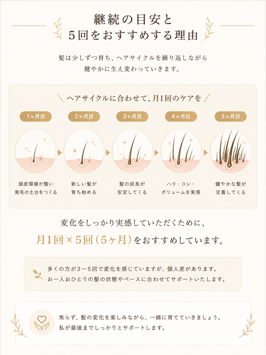 ヘアサイクルに合わせた5ヶ月の継続ケアの目安。髪が少しずつ健やかに変化していく様子